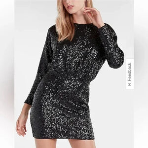 NEW Express Sequin Long Sleeve Padded Shoulder Mini Dress Black XS